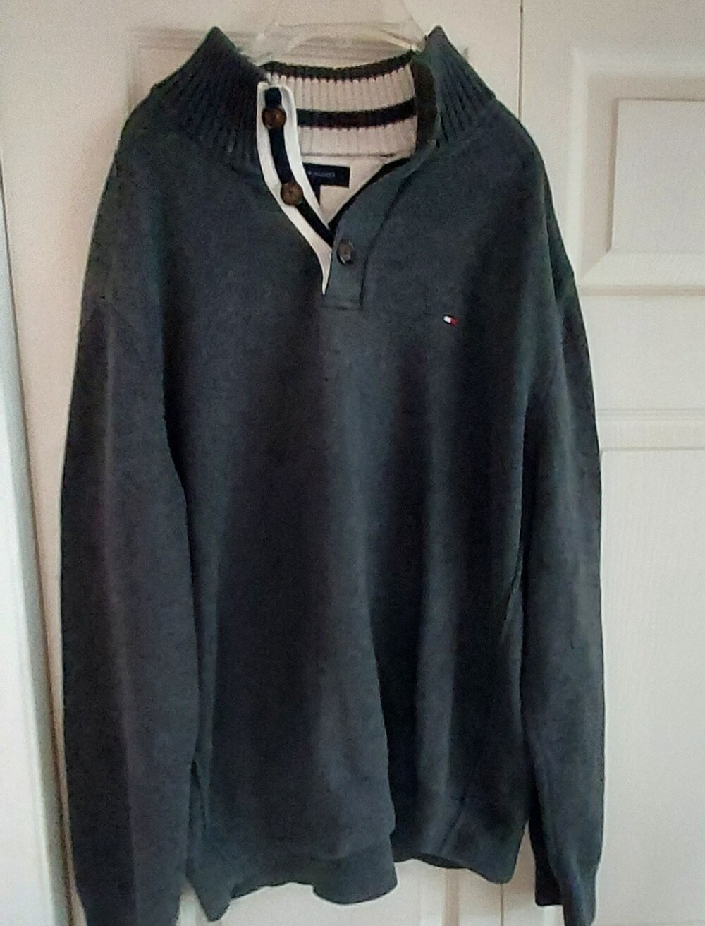 Tommy Hilfiger Gray Mens Knit Pullover XL 1/4 Button Neck Preppy Academia Casual